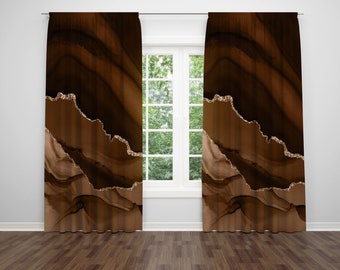 Boho Chic Window Curtains, Retro Chocolate Brown, Beige, Marble Agate Quartz, Ombre, Gradient Watercolor 50"X 84”, Window Treatments