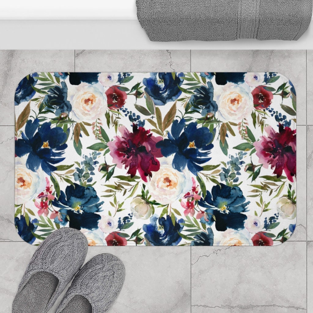 Boho Chic Bath Mat and Rug Navy Burgundy Ivory Roses Luxury Etsy