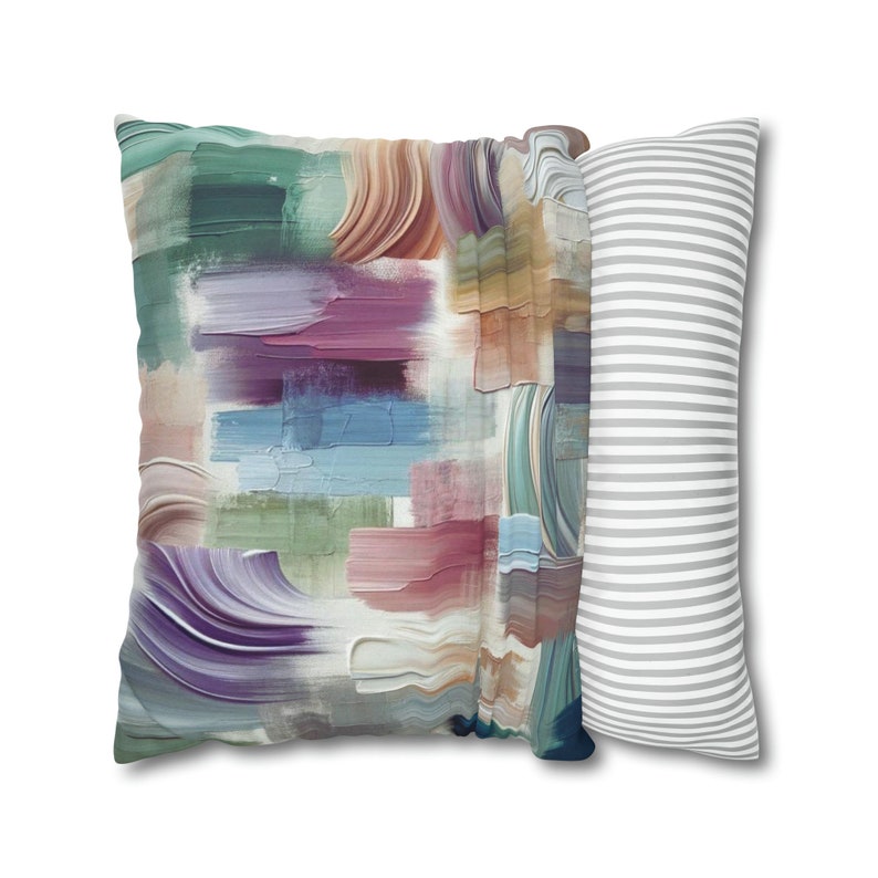 Abstract Couch Throw Cushion Pillowcase Colorful Teal Green, Lilac Purple Pink, Pale Blue Brush Paint Watercolor Square, Accent Decorative image 2