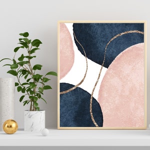 Wall Decor Art Prints, Abstract Navy Blue Blush Pink Mid Century, Minimalist Bedroom, Living Room Office Vertical Horizontal Wall Art  AbL