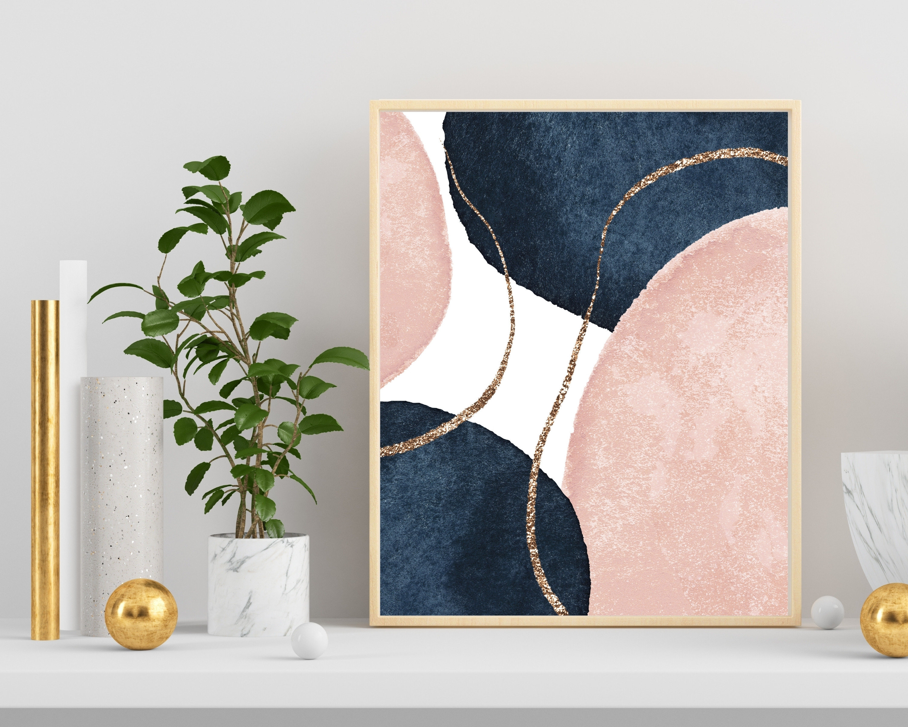 Wall Decor Art Prints, Abstract Navy Blue Blush Pink Mid Century ...