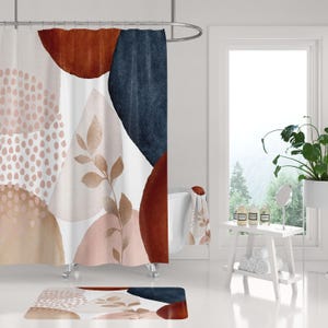 Boho Shower Curtain | Abstract Navy Blue, Rust Beige White, Muted Gold, Watercolor Bathroom Minimalist  RnB