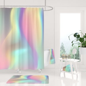Holographic Inspired Shower curtain and bath mat, Lavender pink Yellow Mint Green and turquoise bathroom set, elegant home decor