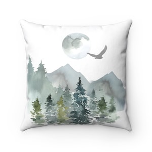 Pillow Cover, Forest Spruce, Mountains Moon, Watercolor Bird, Landscape Decorative Pillowcase, Square Farmhouse Decor