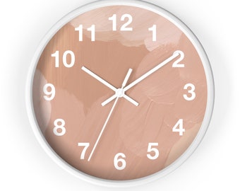 Horloge murale en bois abstraite, beige poudré, blanc, terreux neutre organique ombré bohème moderne minimaliste, aquarelle de cuisine, bureau, 10 po. rond