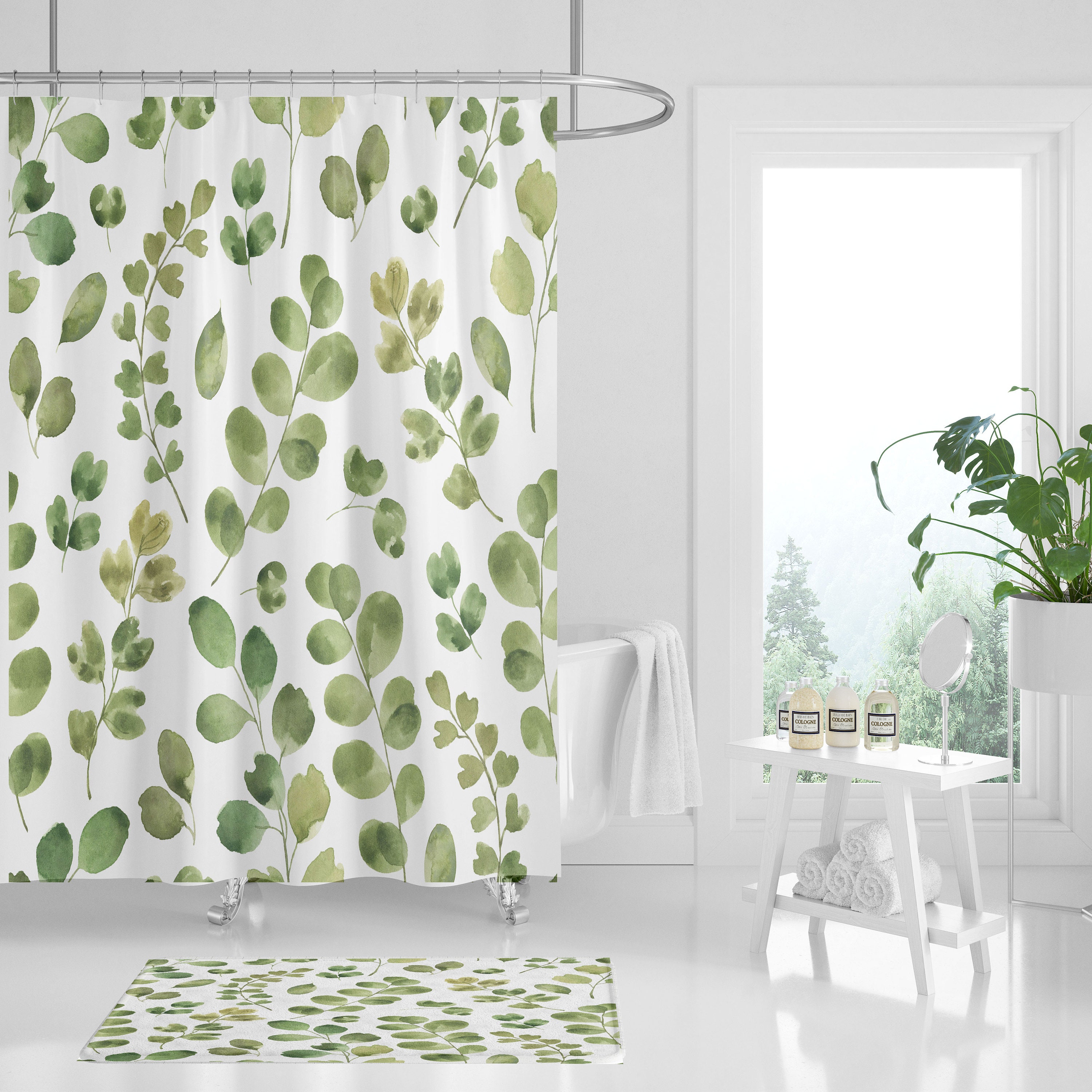 Details about   Watercolor Wisteria Green Leaves Shower Curtain & Hooks Bathroom Accessory Sets 