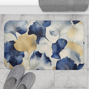 Abstract Floral Bath Rug, Kitchen, Indoor Mat Gingko Leaves, Farmhouse Blue White Beige Bathroom Rug, Modern Minimalist Home Apartment Decor