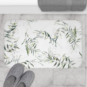 Floral Bath Mat, Kitchen Mat | Farmhouse Willow Leaves, Nature White Green Floral, Modern Bathroom Rug | Minimalist Watercolor Bath Mat