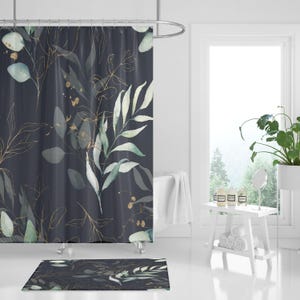 Set douchegordijnen en badmatten eucalyptus bloemen: bohobotanisch decor