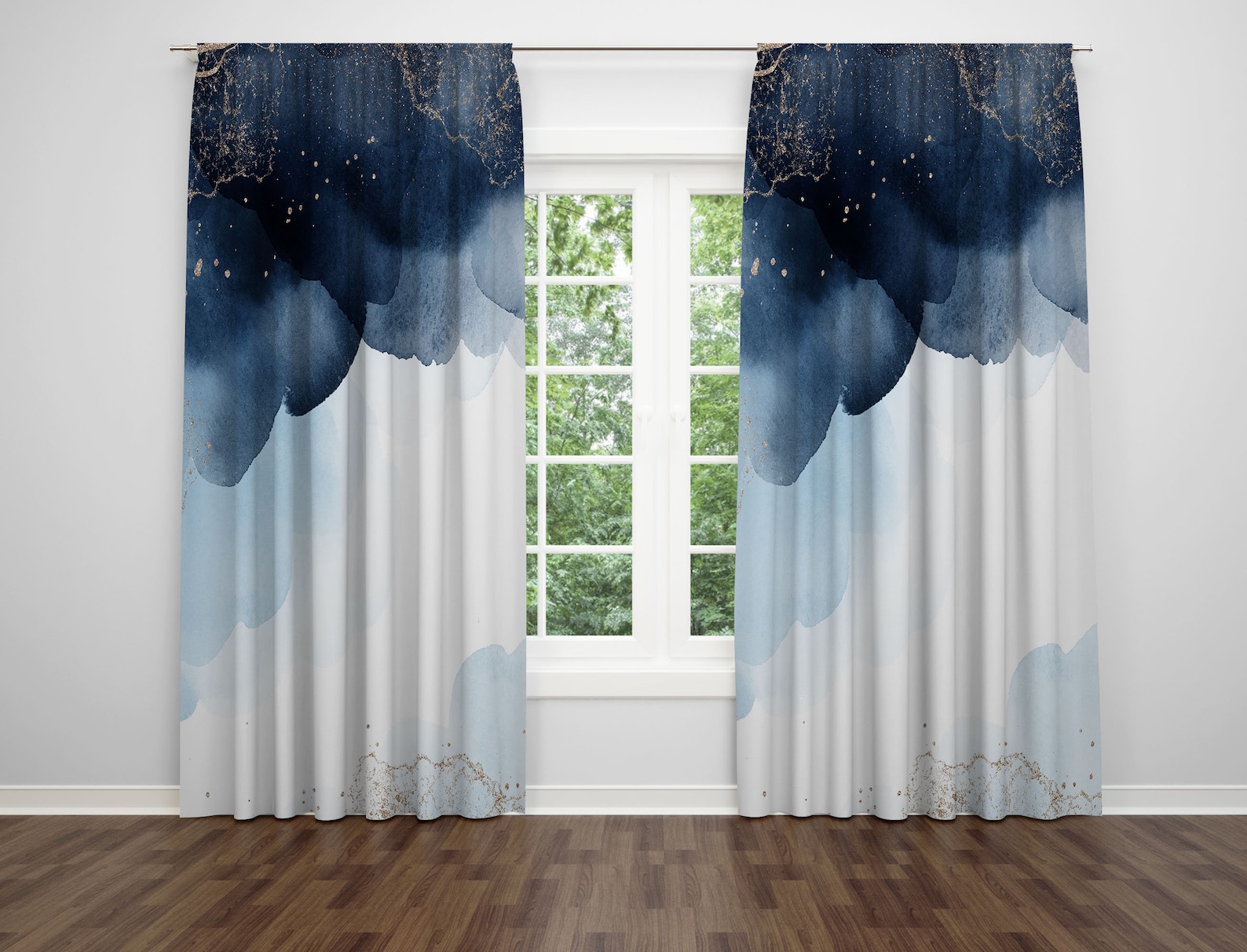 Boho Window Curtains, Navy Dusty Sky Blue, Ombre Gradient, Watercolor