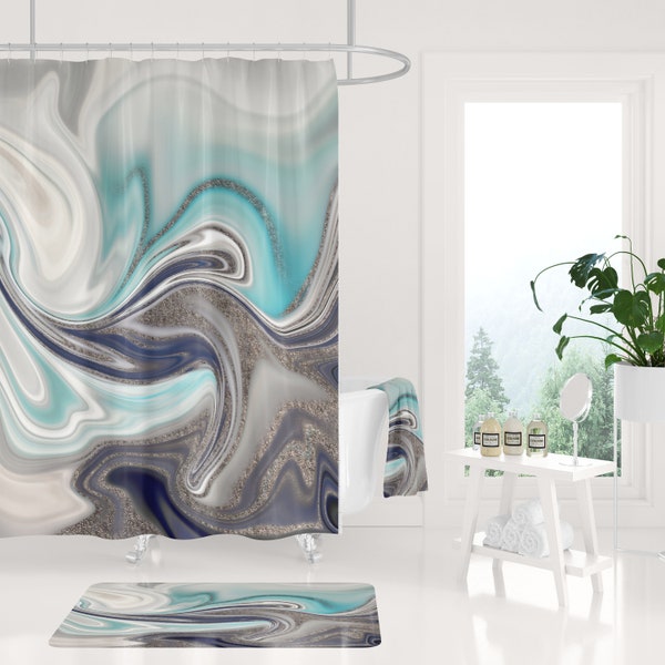 Boho Shower curtain and  bath mat, Aqua Blue Gray, Turquoise Fancy Modern Abstract Art, liquid ink, watercolor bathroom set