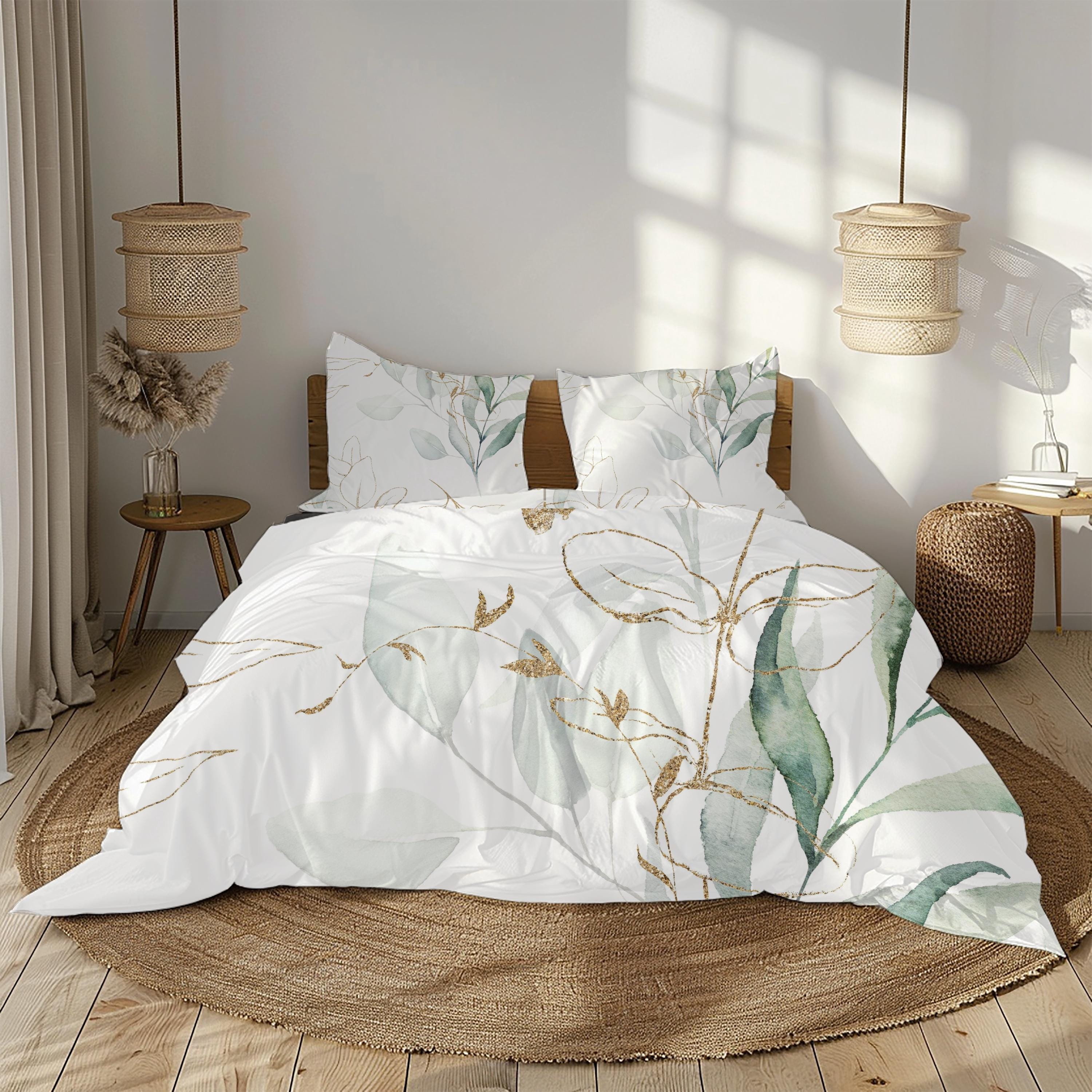 Copripiumino Verde Fiori Set Di Biancheria Da Letto Per Con Motivo Floreale E Fiori Bianchi, Verdi, Set Da Letto Per Da Giardino Con Rami Botanici Floreali E Rami Botanici Con Dente Di
