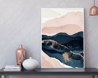 Abstract Art Wall Decor Prints, Blush Pink, Navy Blue, Gold Landscape, Hills, Nature in Watercolor, Modern Zen Bedroom, Living Room Decor
