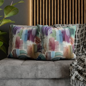 Abstract Couch Throw Cushion Pillowcase Colorful Teal Green, Lilac Purple Pink, Pale Blue Brush Paint Watercolor Square, Accent Decorative image 4