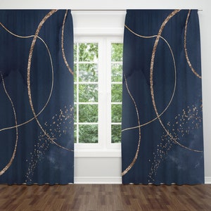 Abstract Window Curtains, Navy Blue And Beige  Fancy Design In Watercolor Bedroom, Living Room, Kitchen 50x84” Window Treatments