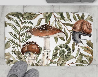 Pilze Badematte, Küchenmatte | Schnecke, Salbei Grün, Braun, Waldbeige, Cottagecore Badteppich | Aquarell Minimalist, Bauernhaus Dekor