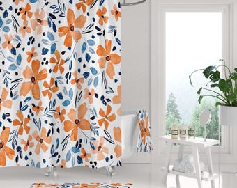 Boho Shower Curtain, Orange Navy Blue White, Floral,  Botanical Minimalist Stylish Modern Decor