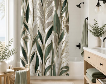 Cortina de ducha estilo bohemio / Estilo costero, verde salvia, blanco grisáceo, hojas beige, estilo rústico, decoración de baño para casa de playa, cortina de ducha de tela minimalista