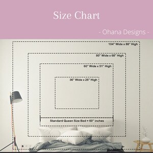以下が含まれることがあります： 壁掛けアートのサイズチャートで、幅91cm&times;高さ66cmから幅264cm&times;高さ224cmまでのさまざまなサイズが表示されています。チャートには、標準的なクイーンサイズのベッドのサイズである幅152cmも含まれています。