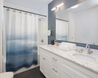 Abstract Boho Shower Curtain, Navy Blue Ocean, soft blue white Ombre Landscape, Watercolor Modern Art, Bathroom Decor, Home Decor