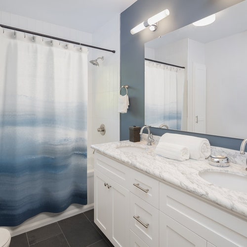 Abstract Boho Shower Curtain Navy Blue Ombre Landscape Etsy