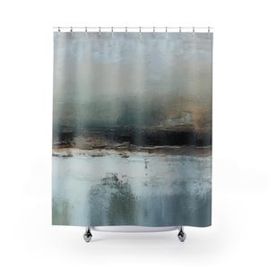 Boho-douchegordijn | Abstracte stof blauw zwart, beige, ombre gradiënt modern decor, organisch badkamergordijn