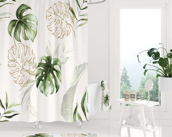 Boho Duschvorhang, Salbei grün Gold, Monstera Tropische Blätter, Stilvolles Modernes Blumen Badezimmer Dekor