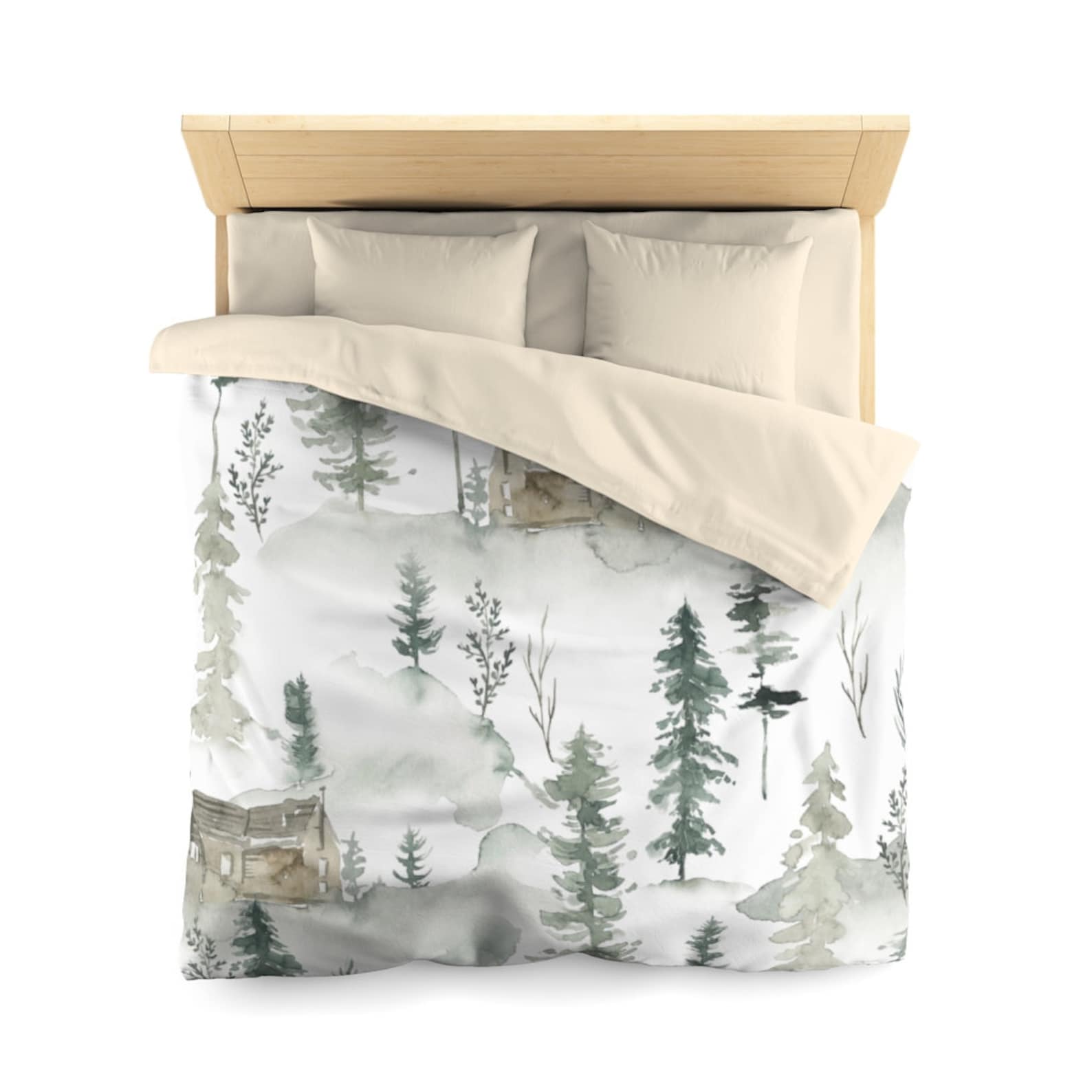 Duvet Cover Forest Green Scene Watercolor Floral Farmhouse Etsy