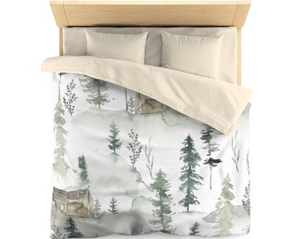 Duvet Cover, Forest Green Scene, Watercolor Floral, Farmhouse Country Home Bedroom Decor, Queen Twin