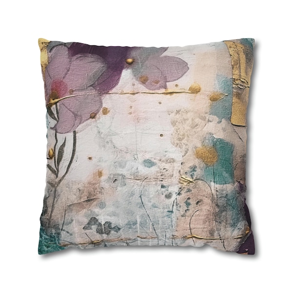 Floral Couch Throw Decorative Pillow | Vintage Purple, Pink, Teal Blue, Beige Muted Gold, Neutral Earthy | Square, Living Room, 20x20 18x18