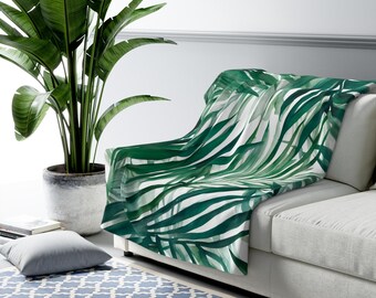 Couch, Bed Throw Blanket | Abstract Green Tropical Palm Leaves, Jungle Decor, Coastal Watercolor Living Room, Bedroom Throw Blanket