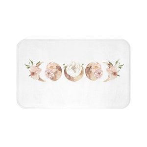 Celestial Bath Mat, Romantic Celestial Moon, Blush Pink Ivory, Floral Botanical Watercolor, Farmhouse Bathroom Decor