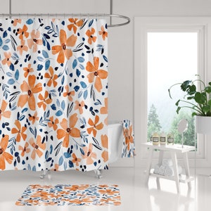 Boho Shower Curtain, Bath Mat, Towel Set, Mid Century, Orange Navy Blue White, Floral,  Botanical Minimalist Bathroom Set, Modern Decor