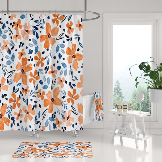 Boho Shower Curtain Bath Mat Towel Set Mid Century Orange Navy