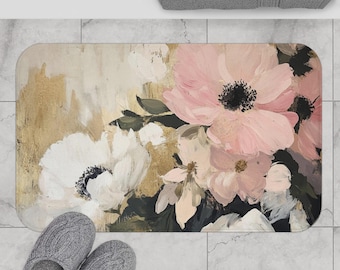 Abstract Floral Bath Rug, Kitchen Mat, Grey Beige Pink Flowers Watercolor Bathroom Rug