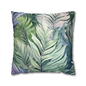 Jungle Throw Pillow Cover, Boho Tropical Leaves, Sage Green Blue Lavender Purple, Coastal Summer Accent Pillowcase Living Room Bedroom