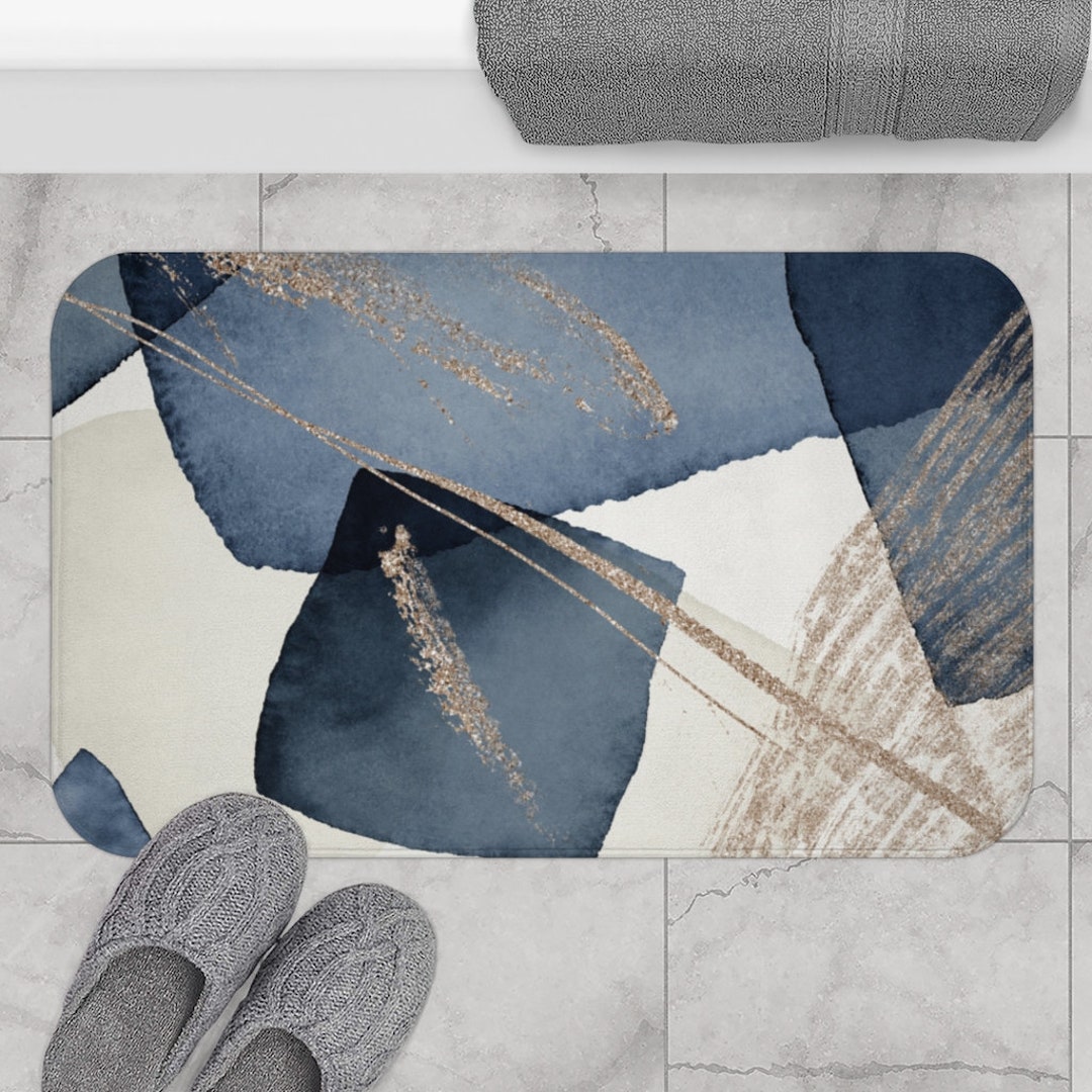 Abstract Boho Bath Mats and Rugs, Navy Blue, Cream Ivory, and Beige