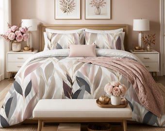 Neutral Floral Leaves Duvet Cover Set | Beige Grey, Queen King Twin | Boho Comforter, Pillow Shams