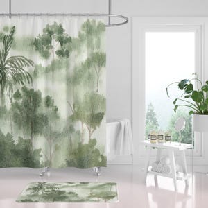 Boho Shower Curtain, Bath Mat, Bath and Hand Towel Set | Sage Green, Abstract Forest, Palm Tropical Watercolor | Modern Minimalist Bathroom