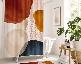 Abstract Watercolor Shower Curtain, Boho Modern Art, Dusty Pink Navy Beige Rust