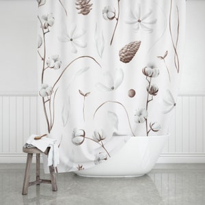 Fabric Boho Shower Curtain, Cotton Flowers, White Florals, Brown Botanical, Watercolor Bathroom Decor, Modern Nature Farmhouse Home Decor