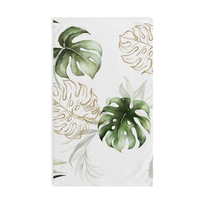 Hand Towel, Monstera Leaves, Exotic Jungle, Tropical Botanical, White Beige Green, Elegant Fancy, Kitchen Bathroom, Spa, Workout Towel image 2