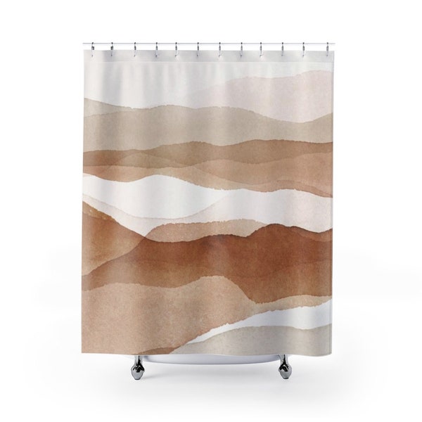 Boho Duschvorhang, abstrakte Landschaft in blush beige braun, Natur Erdfarben stilvolles Aquarell, Bauernhaus Badezimmer Stoffvorhang