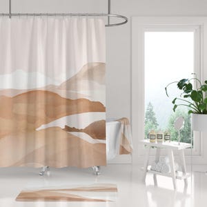 Boho Shower Curtain, Bath Mat, Towel Set | White Blush Beige Brown, Nature Mountains Hills lake | Mid Century Modern Minimalist Decor