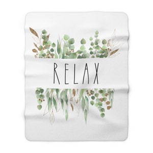 Boho Couch Throw Blankets, Rae Dunn Inspired, RELAX Eucalyptus Leaves, Tropical Fancy Fleece Sherpa, Living Room, Office Decor