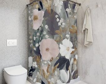 Boho Floral Shower Curtain, Grey Pink Botanical Fabric