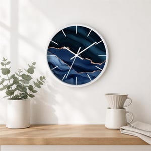 10" Navy Blue Rose Gold Marble Agate Quartz Wall Clock, Modern Art Clock