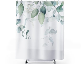 Rideau de douche bohème floral, feuilles d'eucalyptus, aquarelle, blanc sauge vert menthe, botanique floral, décoration de salle de bain de ferme de style cottage