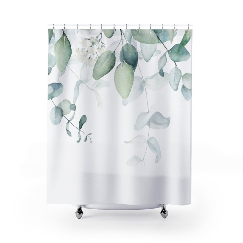 Floral Shower Curtain Eucalyptus Leaves Watercolor Mint Etsy