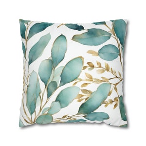 Funda de cojín bohemia con diseño floral, azul verdoso, verde, blanco, dorado apagado y beige. Funda de cojín decorativa cuadrada con acuarela, 20 x 20 x 18 pulgadas.